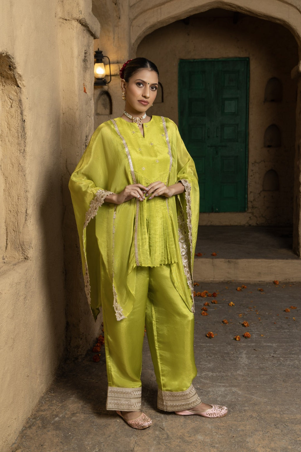 Lasya-Kaftan Bottom Co-ord set-Lime Green