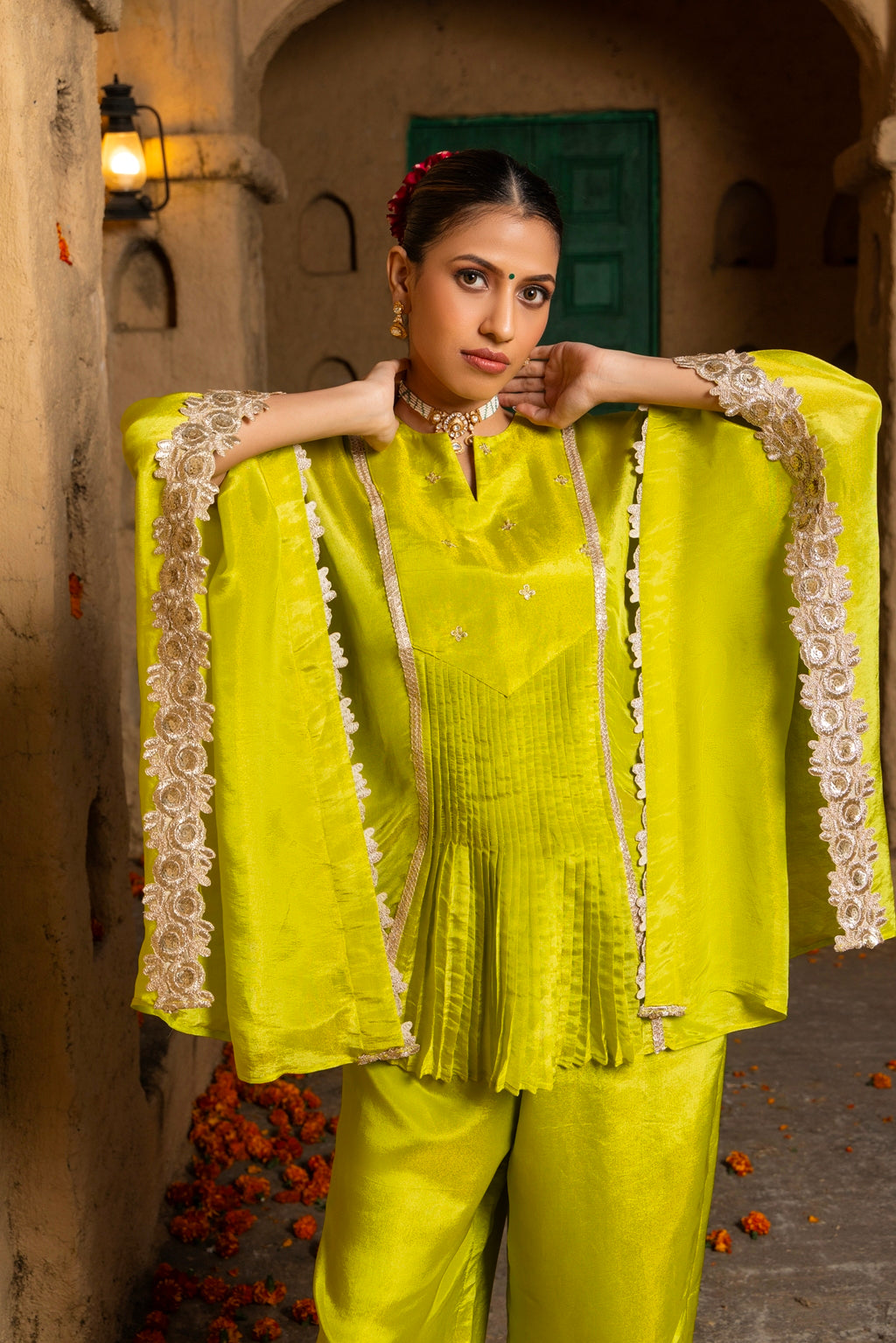 Lasya-Kaftan Bottom Co-ord set-Lime Green