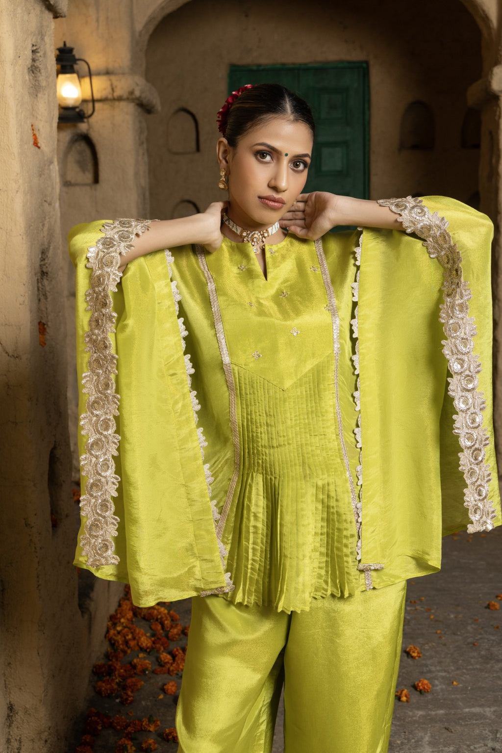 Lasya-Kaftan Bottom Co-ord set-Lime Green