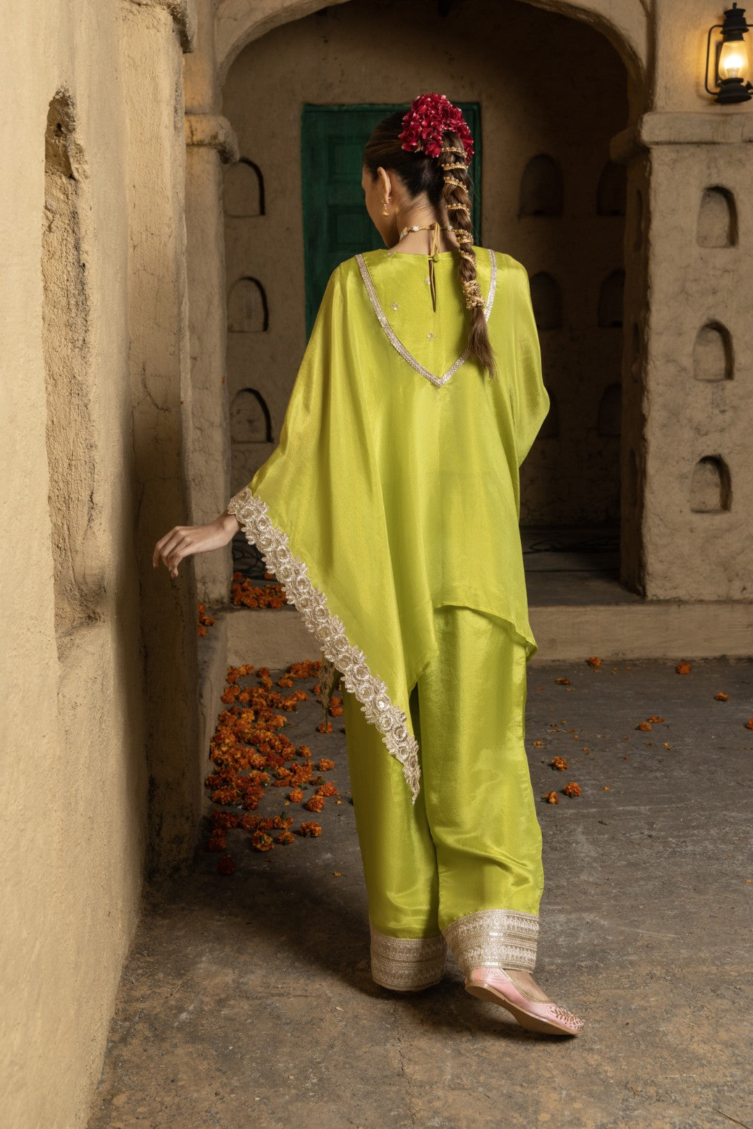 Lasya-Kaftan Bottom Co-ord set-Lime Green