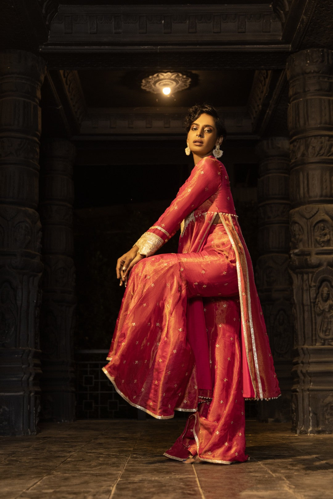 Tulsi-Kurta, Sharara and Dupatta Set-Rani Pink