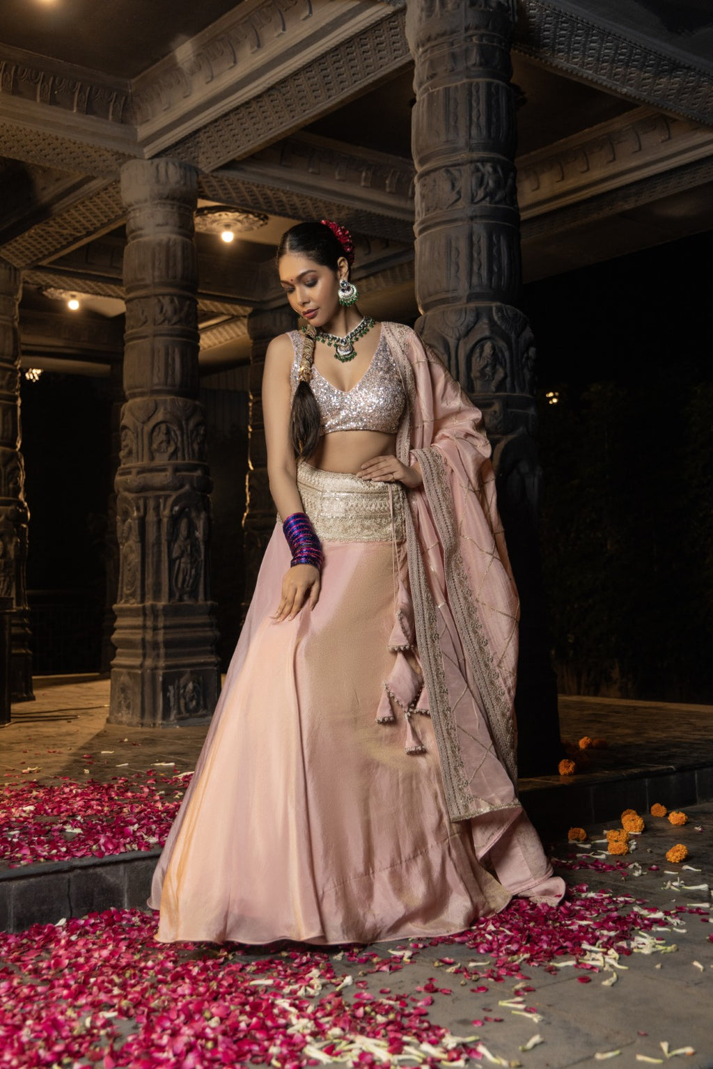Janaki-Sequin Sleeveless blouse, Lehenga and dupatta -Blush Pink