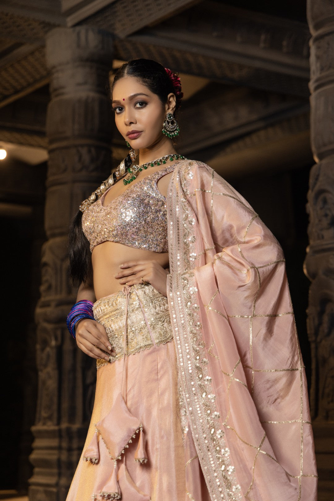 Janaki-Sequin Sleeveless blouse, Lehenga and dupatta -Blush Pink