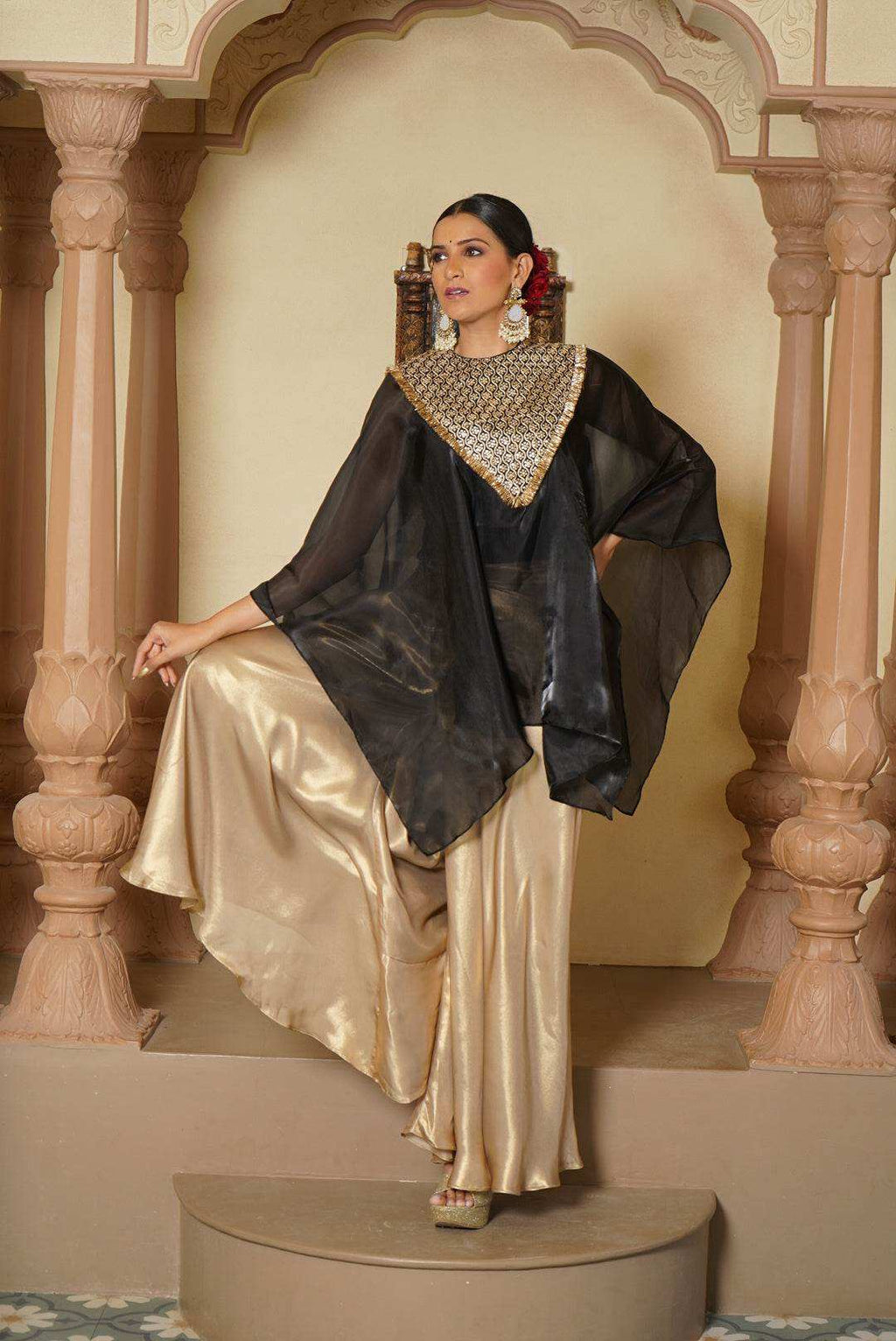 Aza Satin Sharara Pants with Cape - Monk & Mei