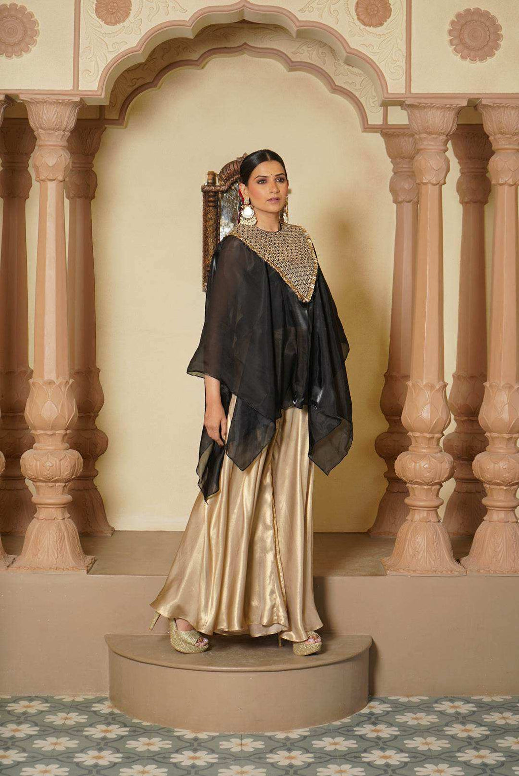 Aza Satin Sharara Pants with Cape - Monk & Mei