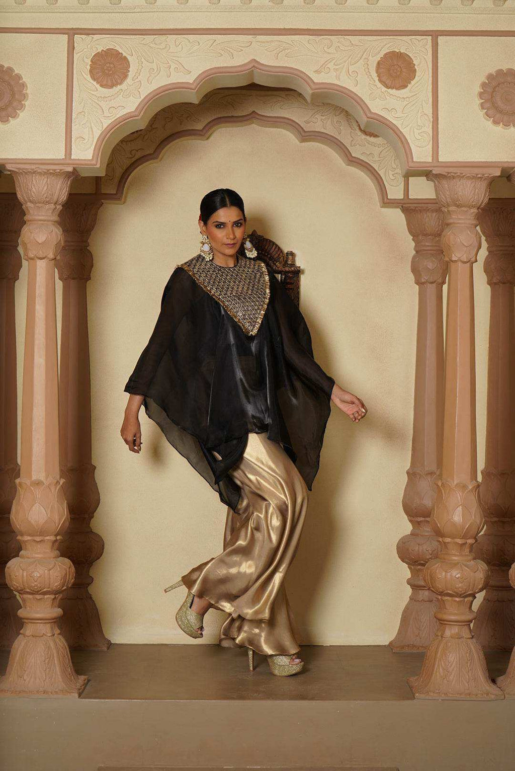 Aza Satin Sharara Pants with Cape - Monk & Mei