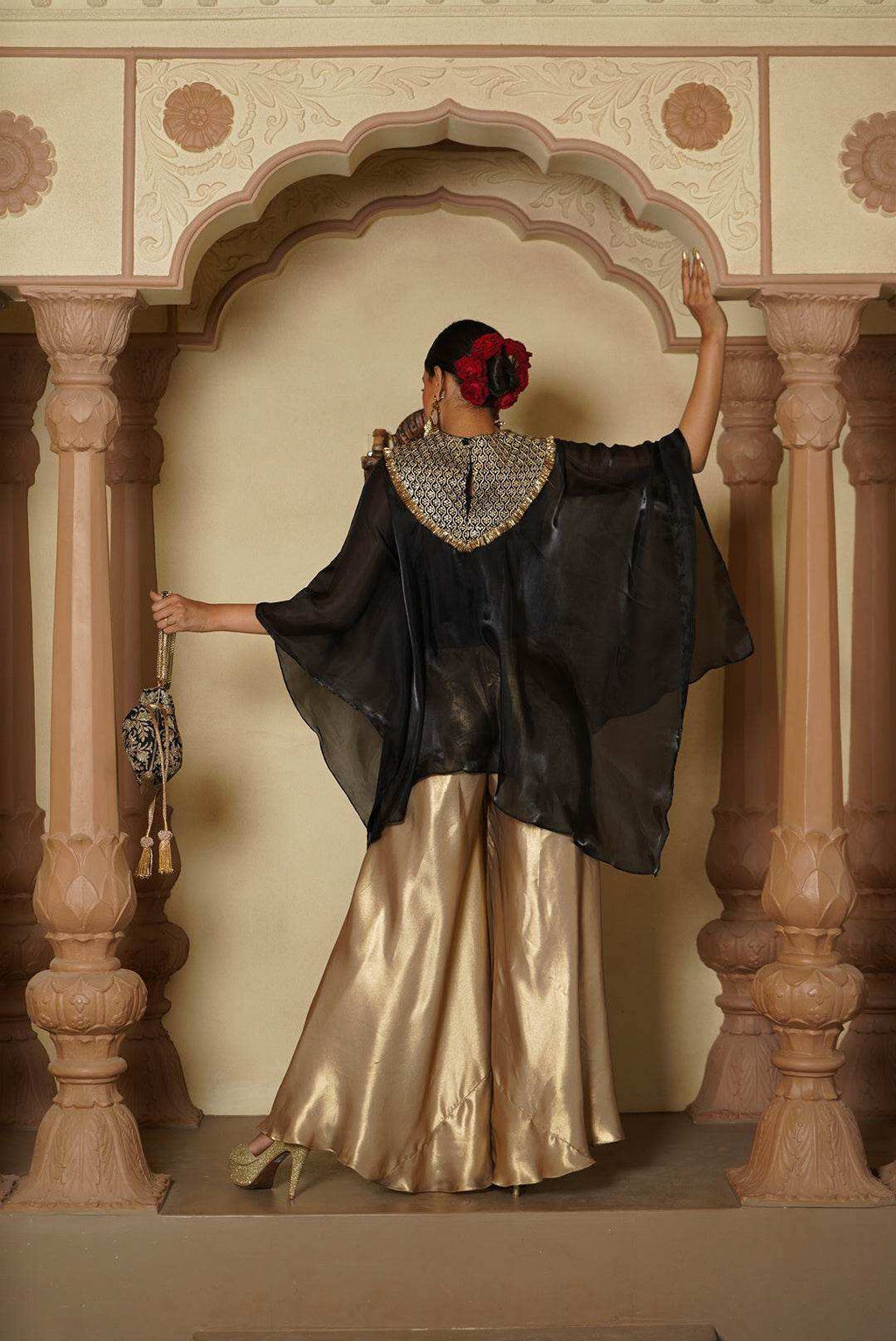 Aza Satin Sharara Pants with Cape - Monk & Mei