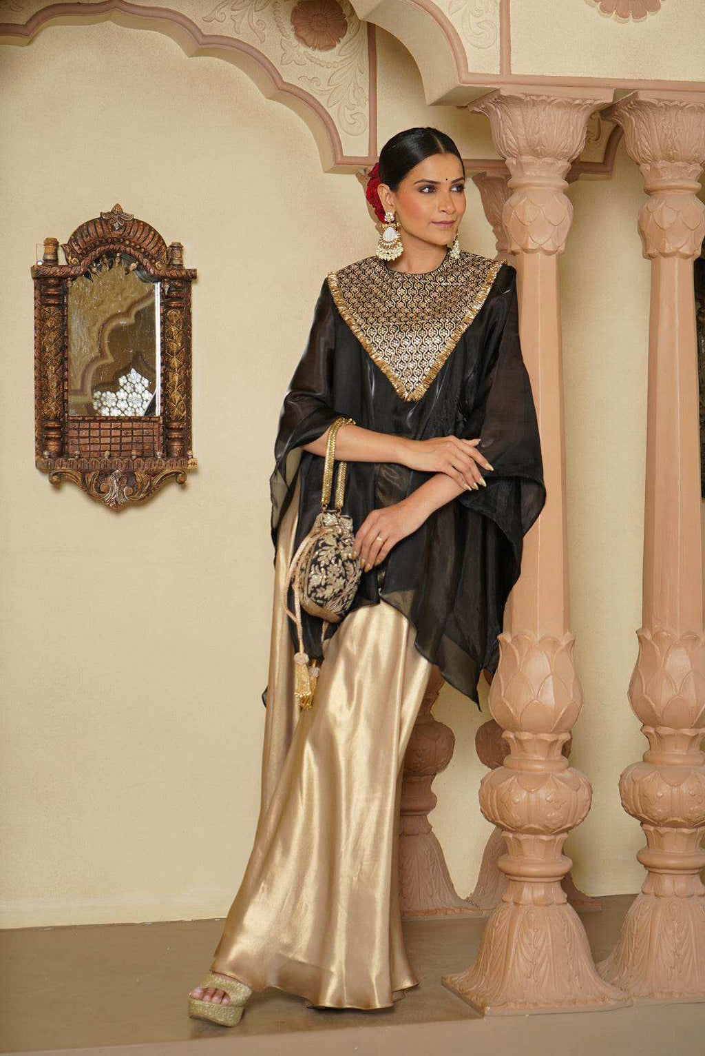 Aza Satin Sharara Pants with Cape - Monk & Mei