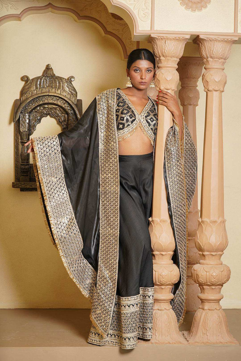 Haseena Brocade Silk Blouse and Sharara with Cape - Monk & Mei
