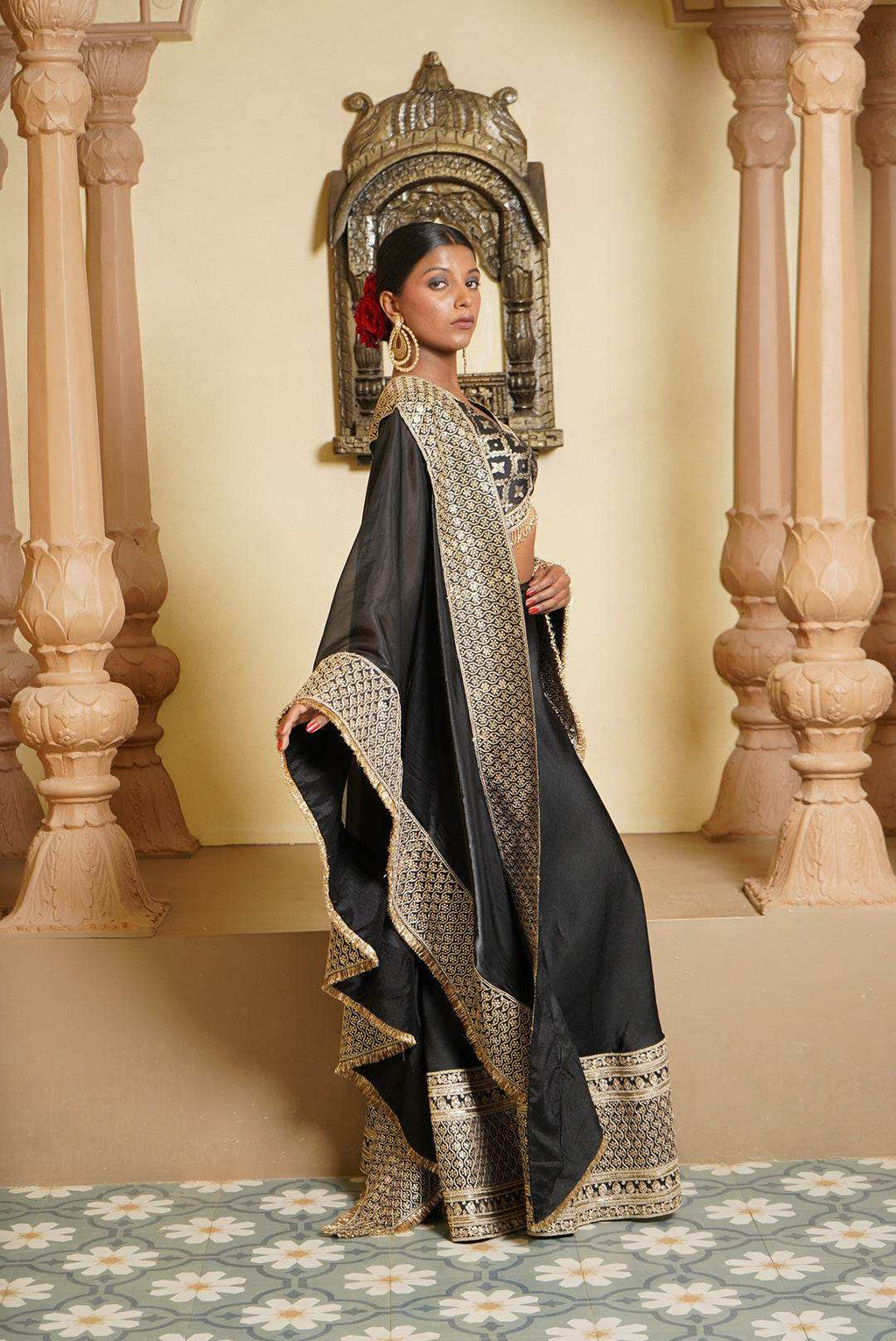 Haseena Brocade Silk Blouse and Sharara with Cape - Monk & Mei