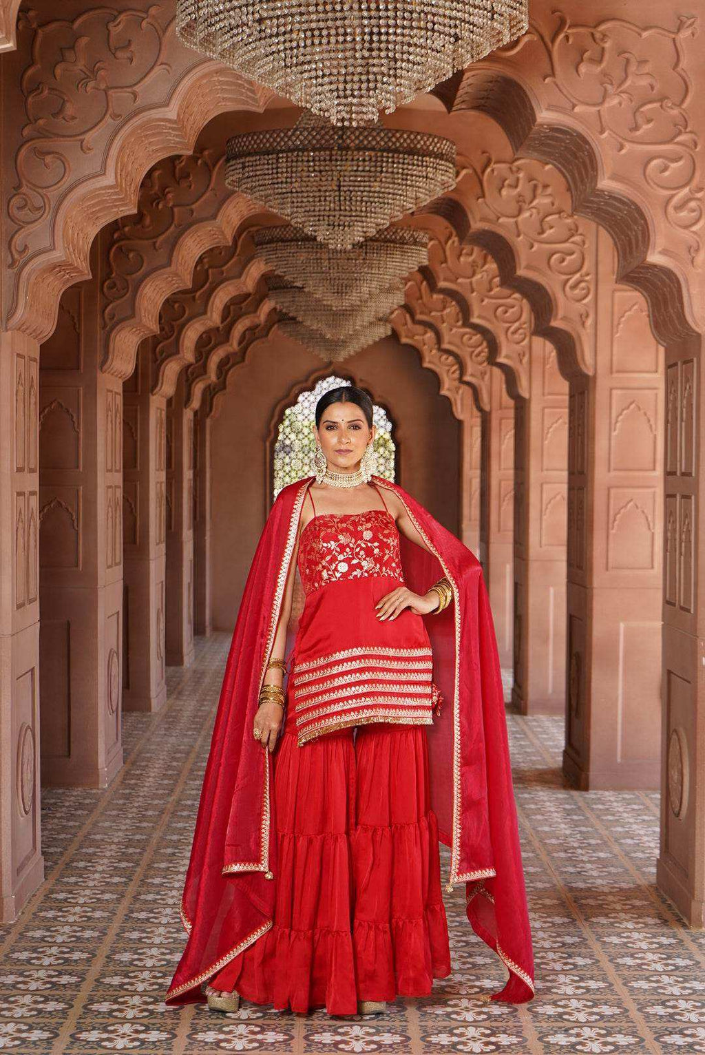 Sabrina Strap Kurta with Satin Sharara & Dupatta - Monk & Mei