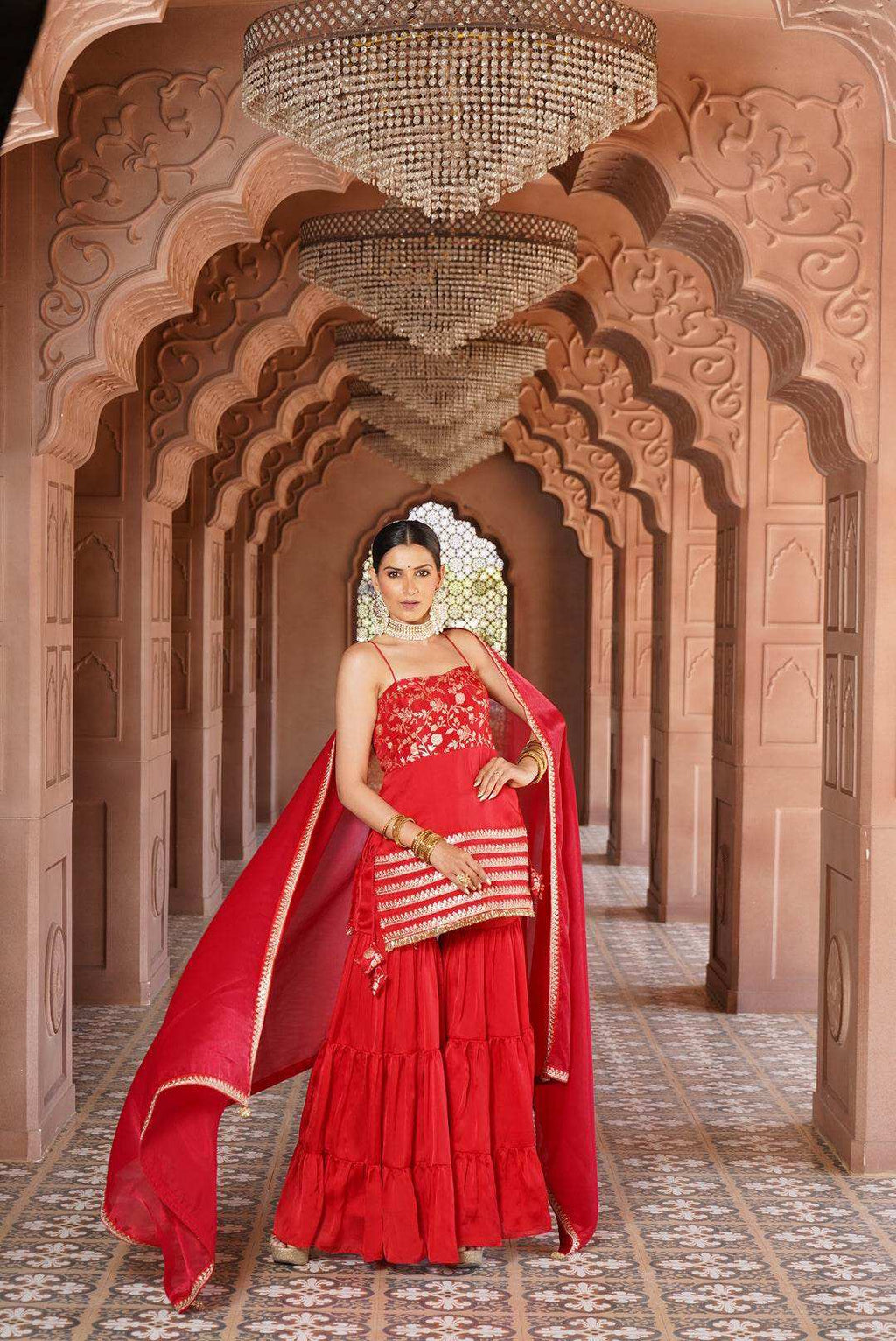 Sabrina Strap Kurta with Satin Sharara & Dupatta - Monk & Mei
