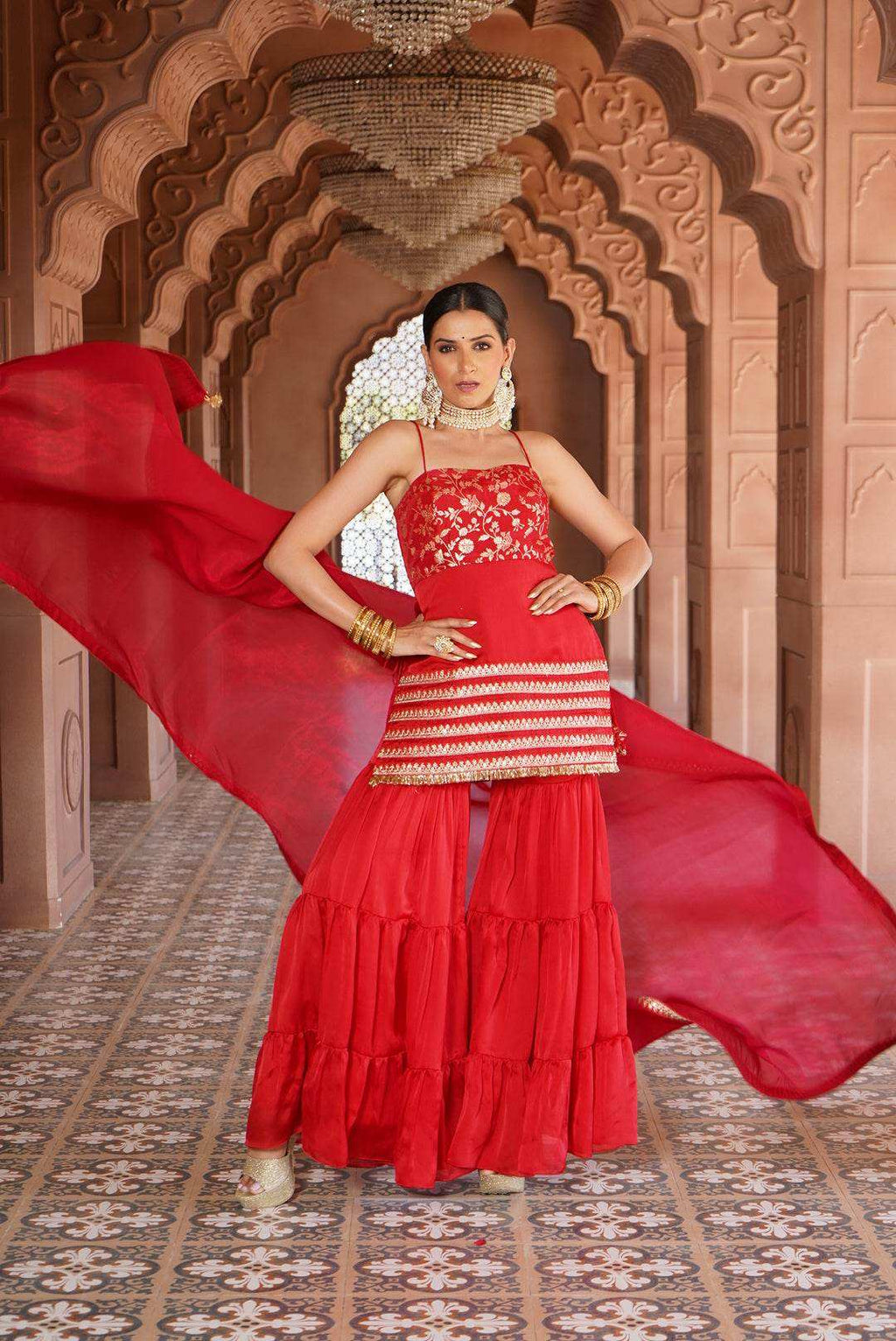 Sabrina Strap Kurta with Satin Sharara & Dupatta - Monk & Mei