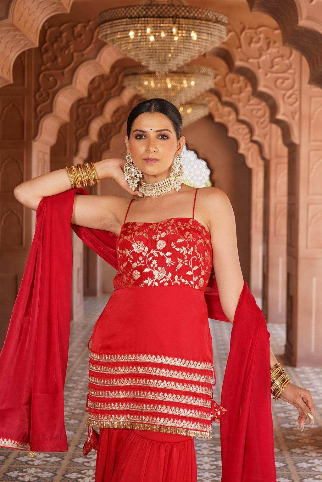 Sabrina Strap Kurta with Satin Sharara & Dupatta - Monk & Mei