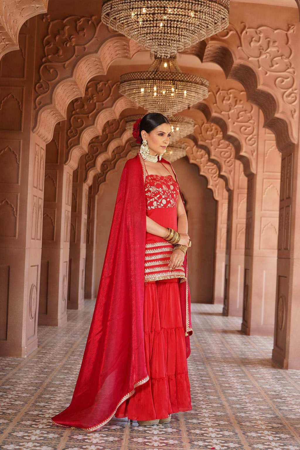 Sabrina Strap Kurta with Satin Sharara & Dupatta - Monk & Mei