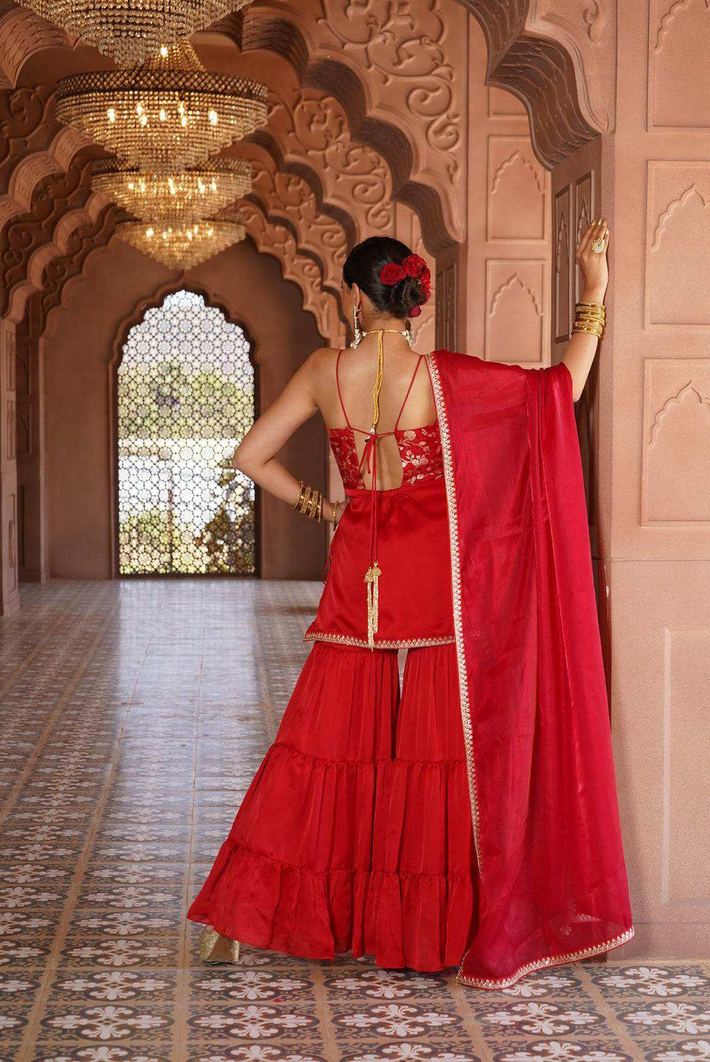 Sabrina Strap Kurta with Satin Sharara & Dupatta - Monk & Mei