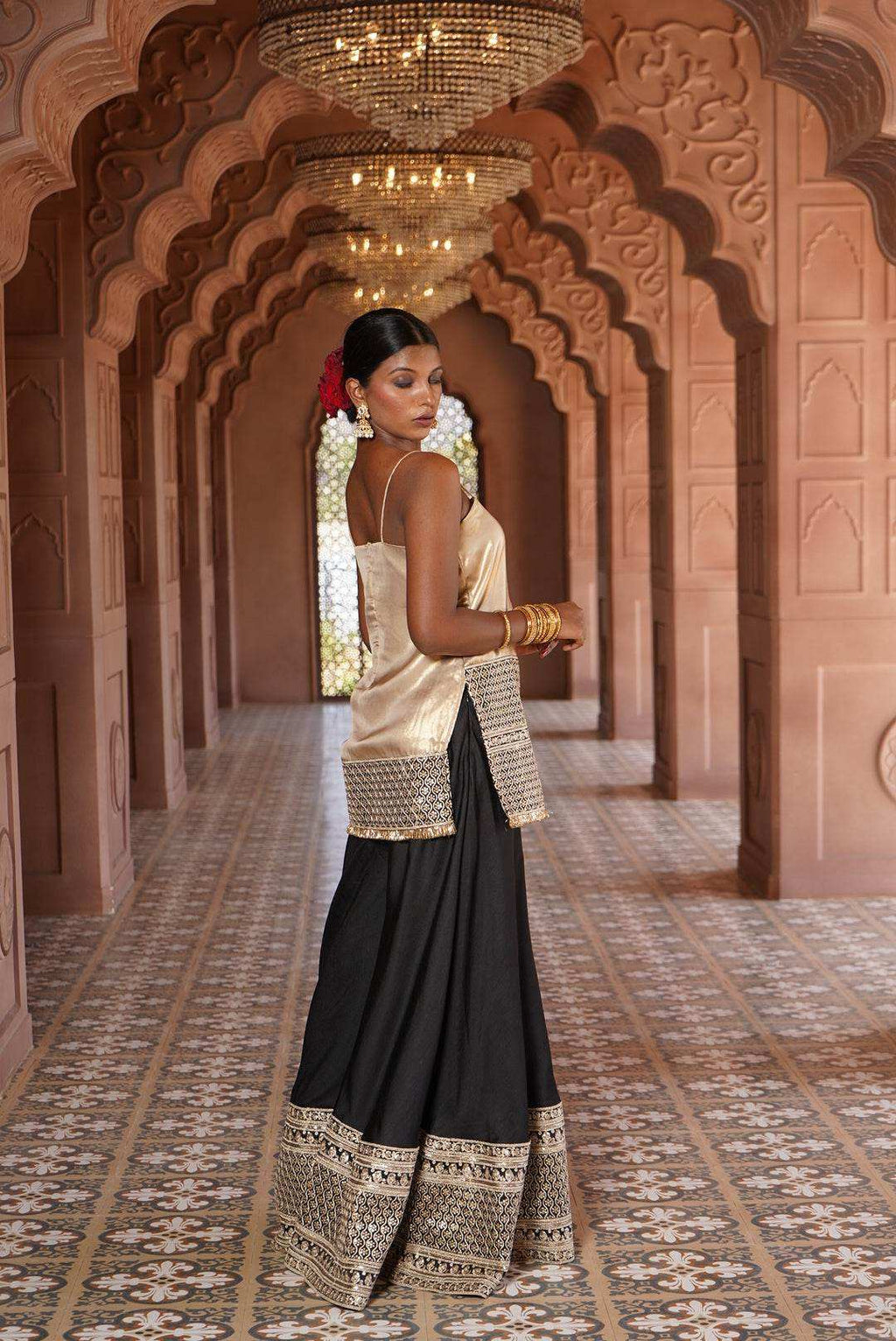 Nargis Strap Kurta with Silk Sharara & Dupatta - Monk & Mei