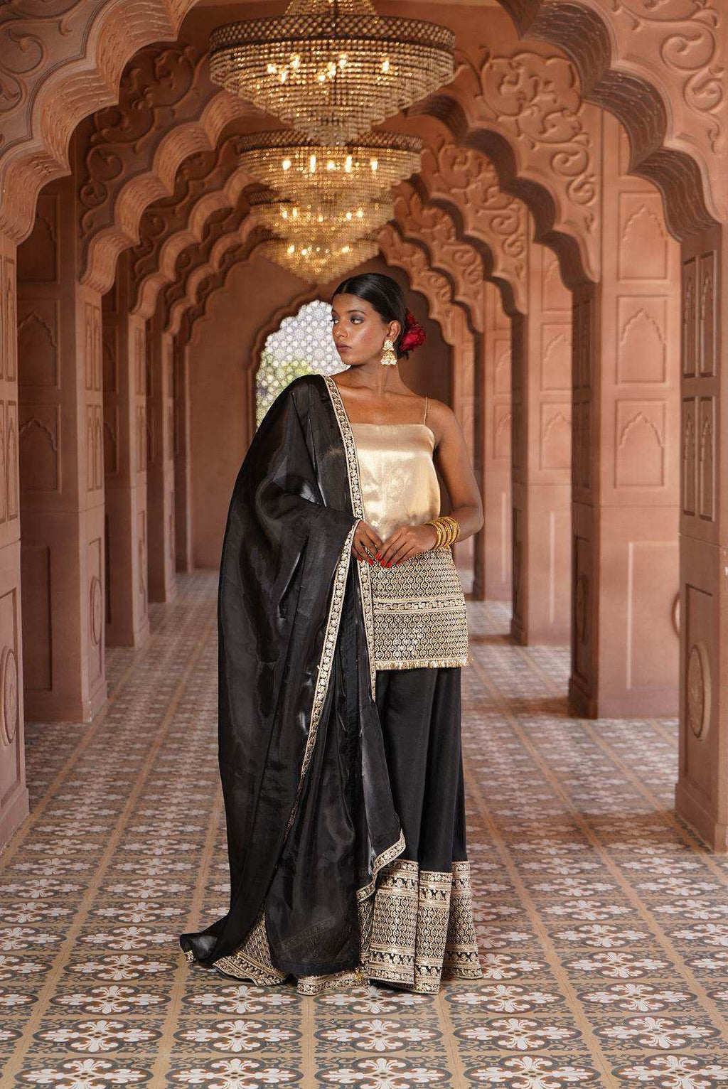 Nargis Strap Kurta with Silk Sharara & Dupatta - Monk & Mei