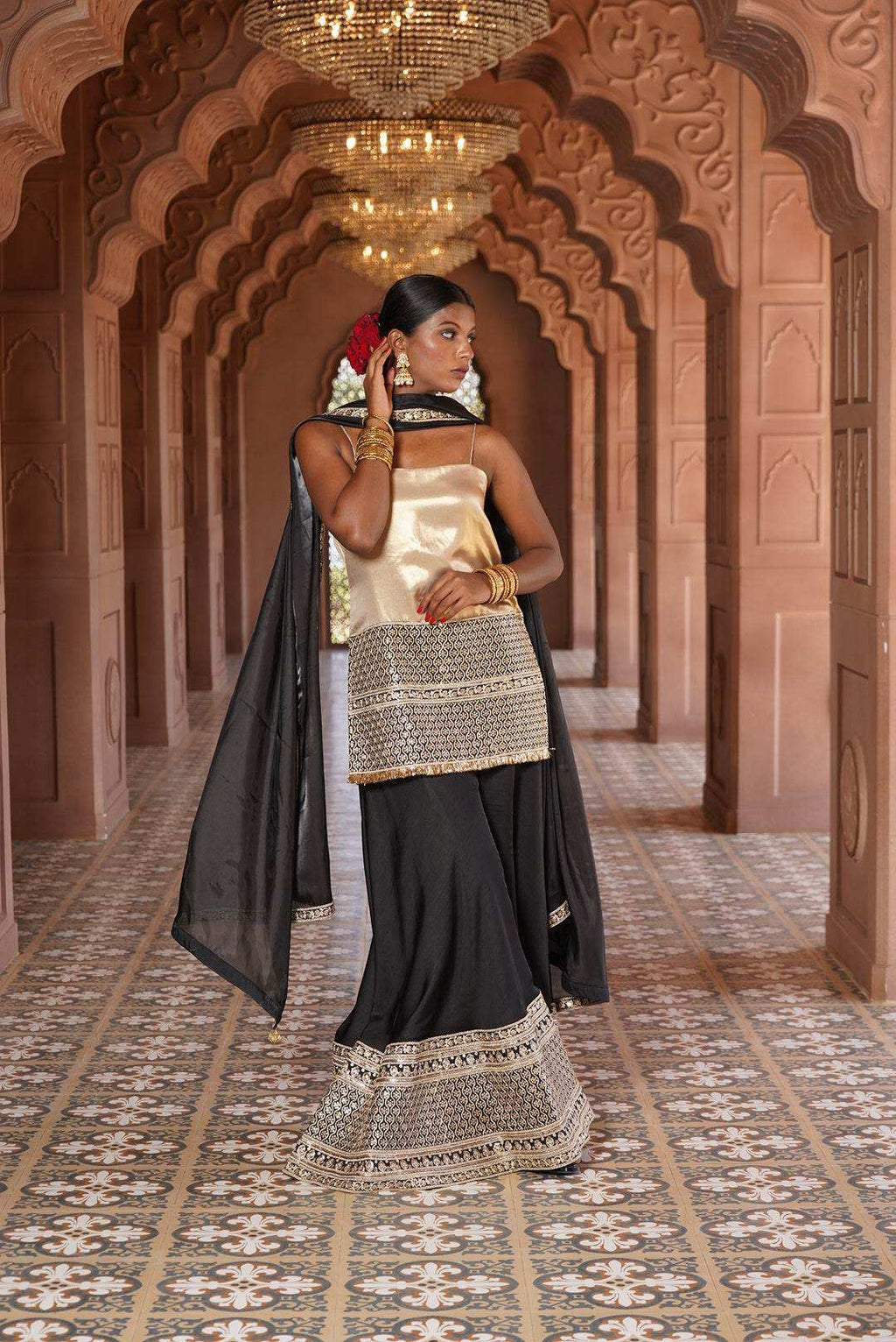 Nargis Strap Kurta with Silk Sharara & Dupatta - Monk & Mei