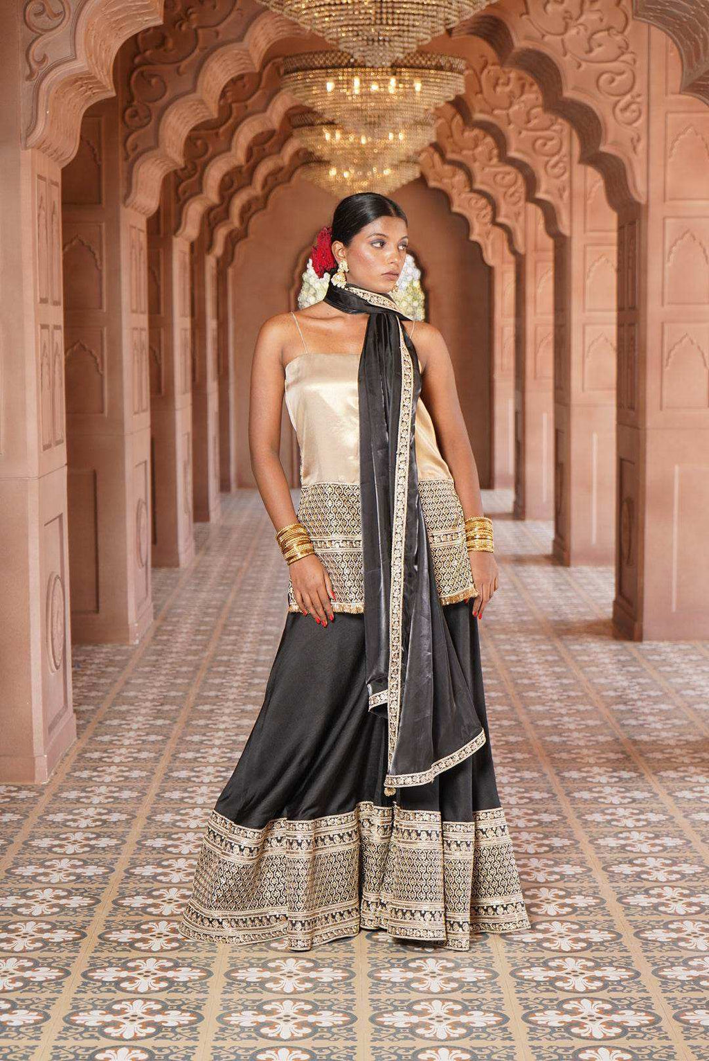 Nargis Strap Kurta with Silk Sharara & Dupatta - Monk & Mei