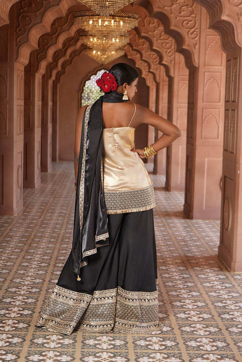 Nargis Strap Kurta with Silk Sharara & Dupatta - Monk & Mei
