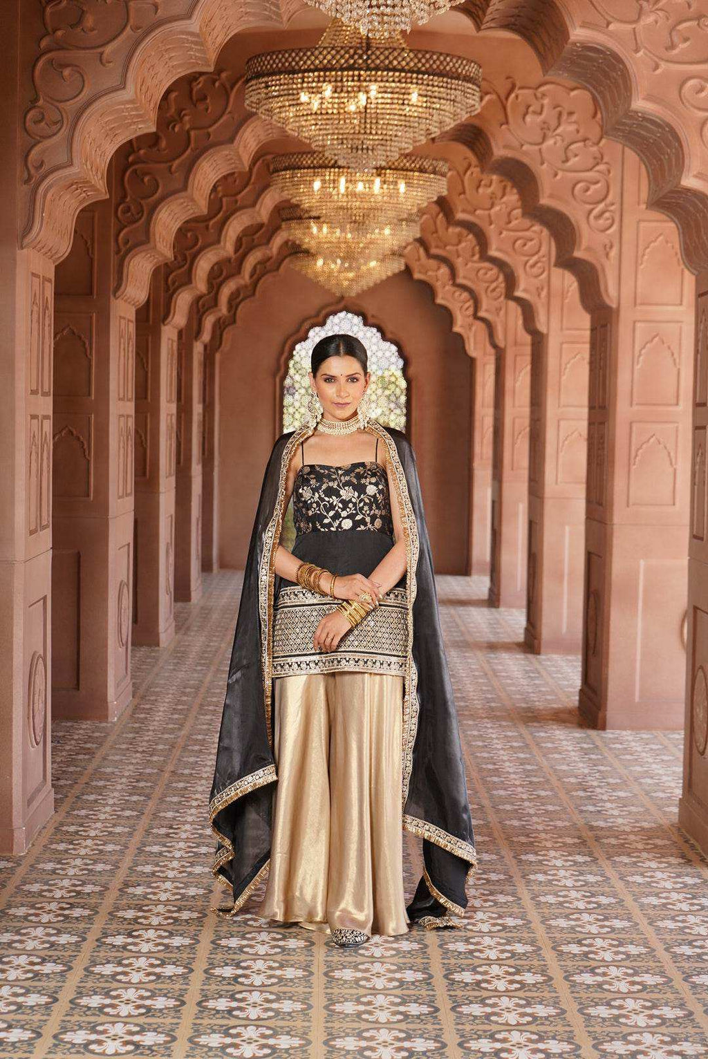Ayesha Strap Kurta with Satin Sharara & Dupatta - Monk & Mei
