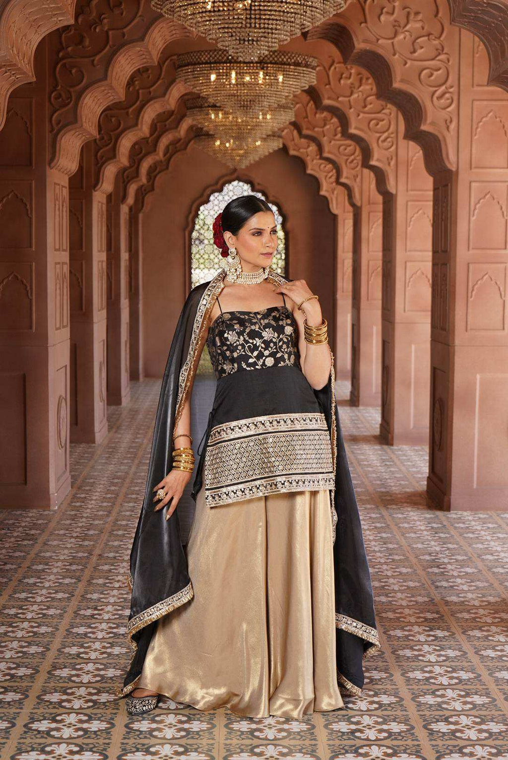 Ayesha Strap Kurta with Satin Sharara & Dupatta - Monk & Mei