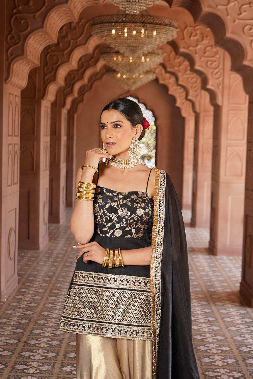 Ayesha Strap Kurta with Satin Sharara & Dupatta - Monk & Mei