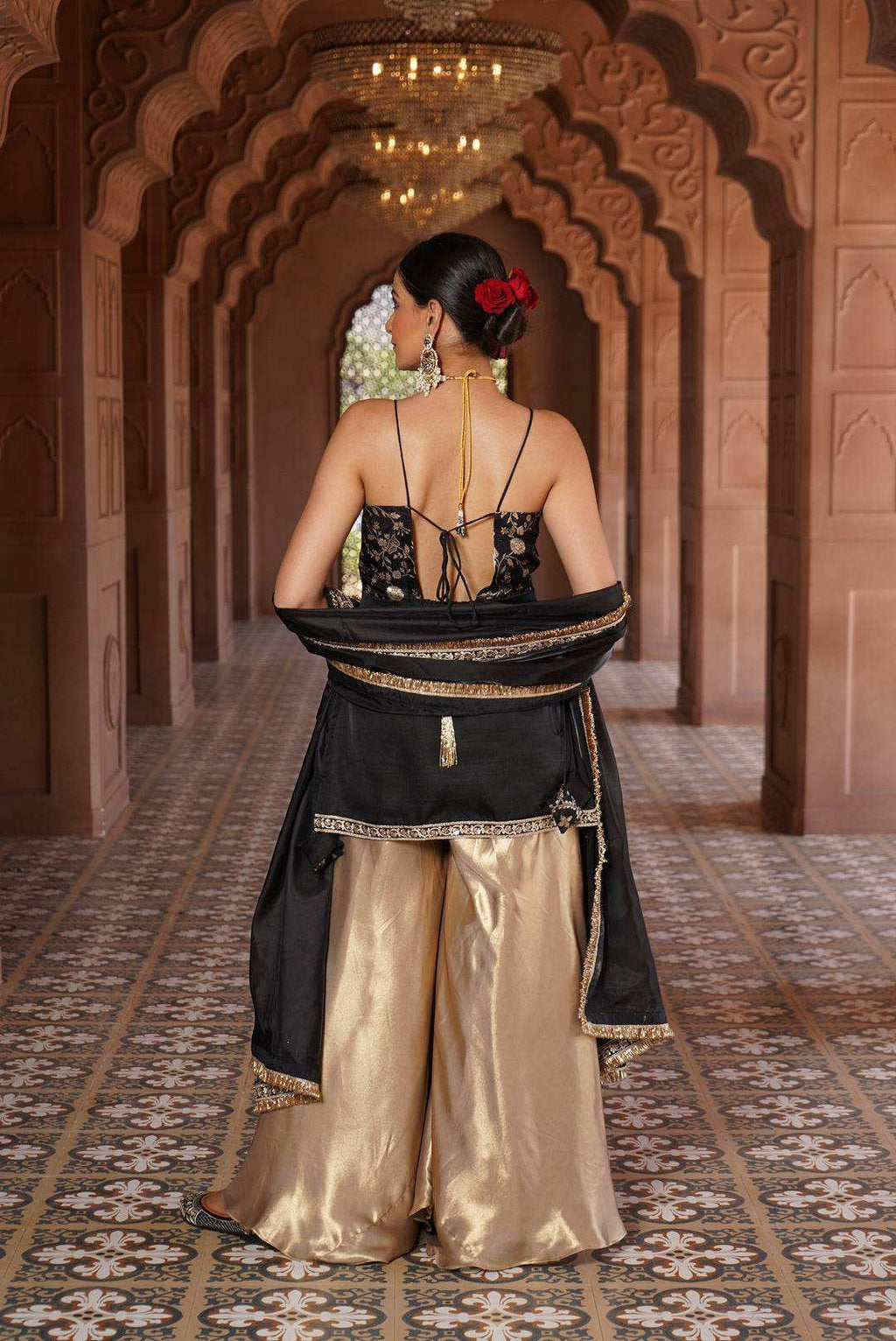 Ayesha Strap Kurta with Satin Sharara & Dupatta - Monk & Mei