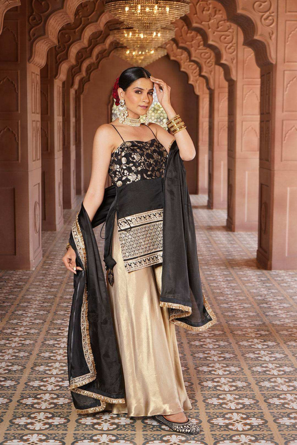 Ayesha Strap Kurta with Satin Sharara & Dupatta - Monk & Mei