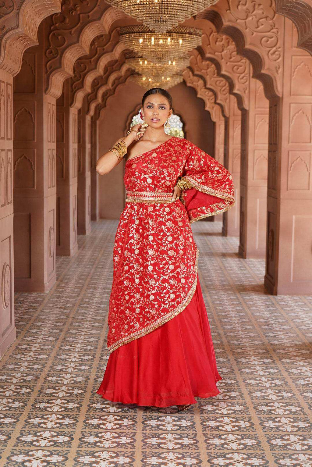 Shama Satin Silk Lehenga with Brocade Cape and belt - Monk & Mei