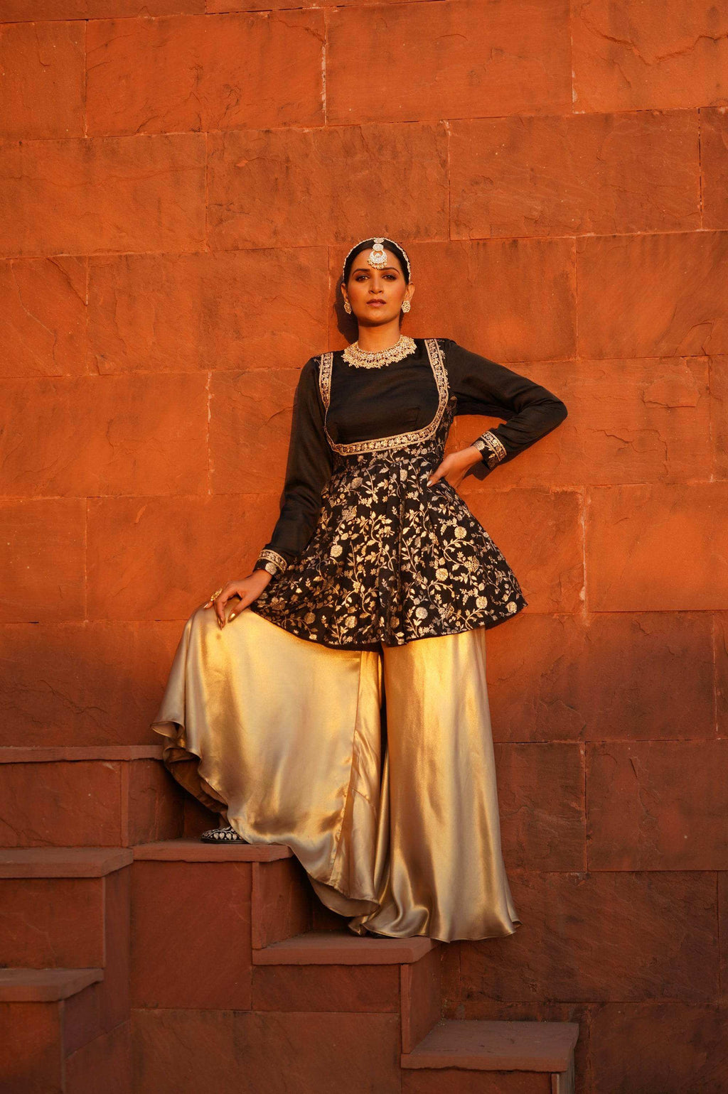 Yasmin Peplum Top with Satin Sharara Pants - Monk & Mei