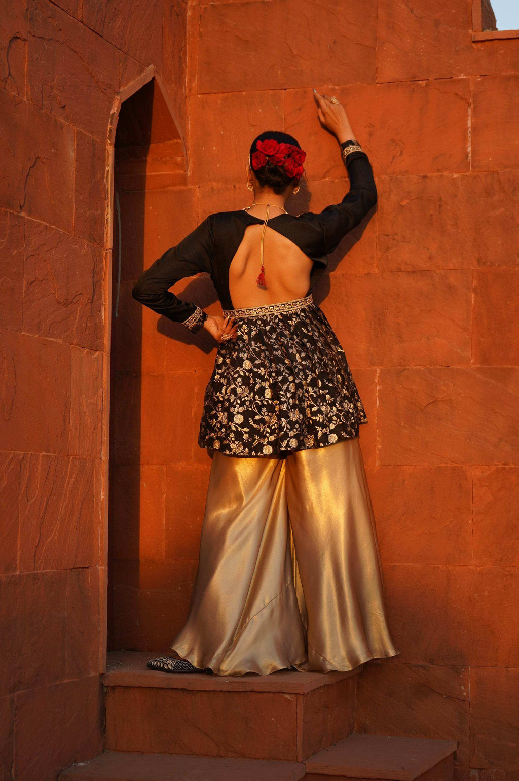 Yasmin Peplum Top with Satin Sharara Pants - Monk & Mei