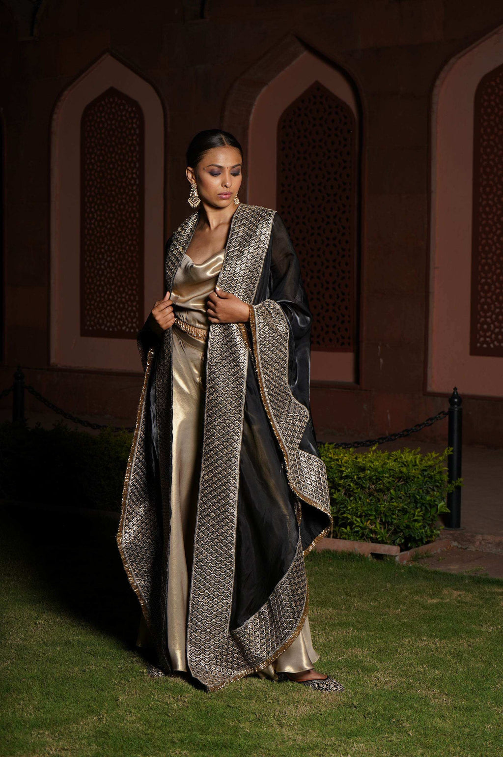 Safa Satin Blouse and Sharara with Cape - Monk & Mei