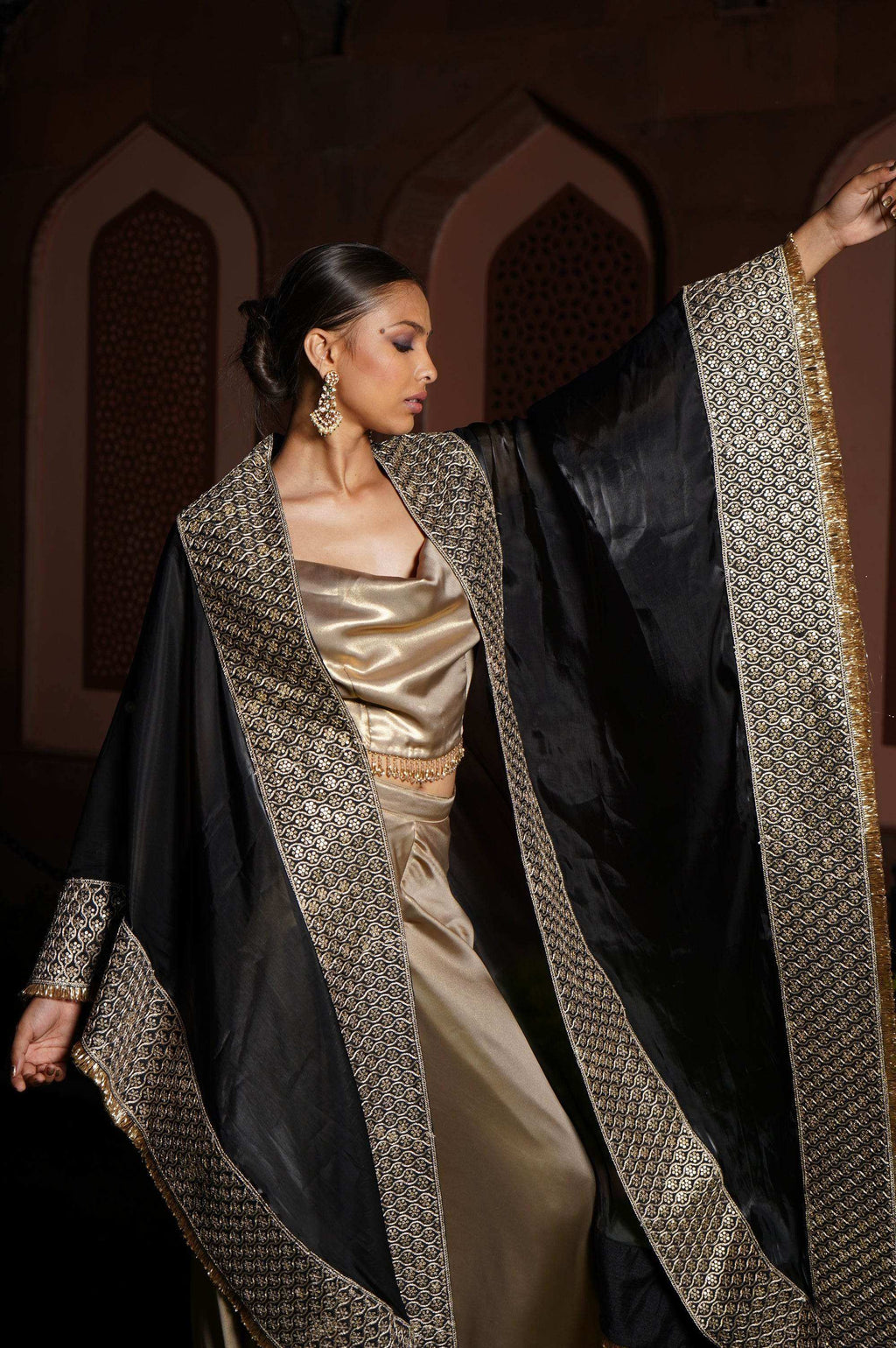 Safa Satin Blouse and Sharara with Cape - Monk & Mei