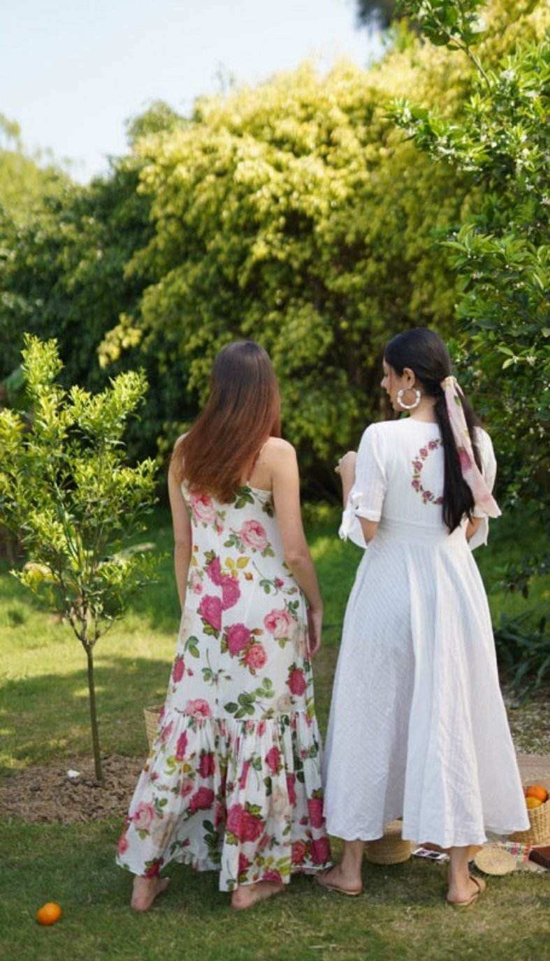 SAGA Slip Dress with Chanderi overlay - White - Monk & Mei