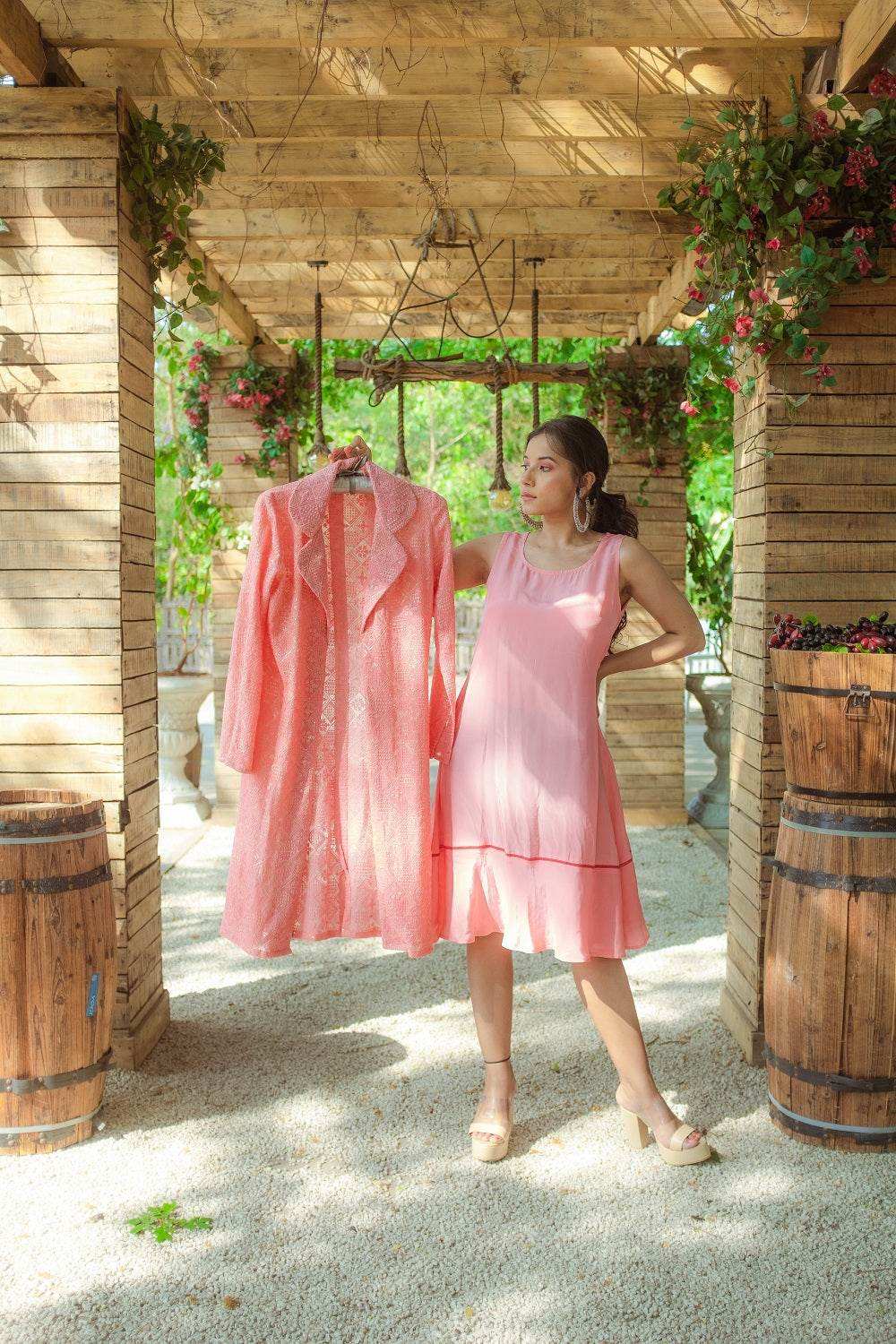 Heer Dress & Chikankari Jacket - Peachy Melon - Monk & Mei