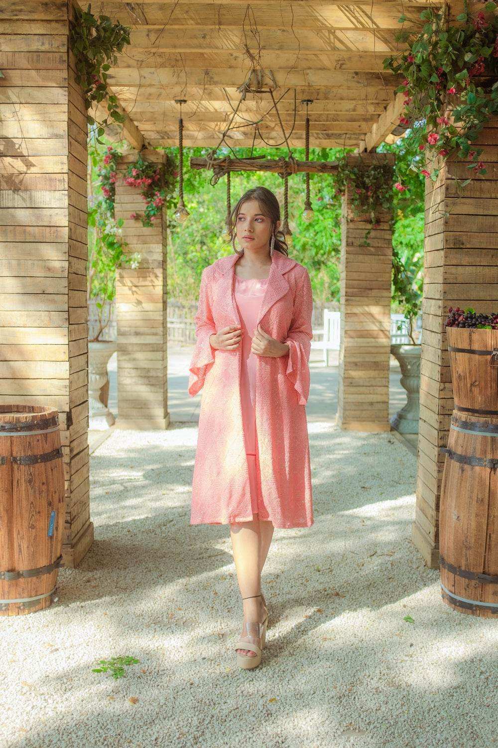 Heer Dress & Chikankari Jacket - Peachy Melon - Monk & Mei