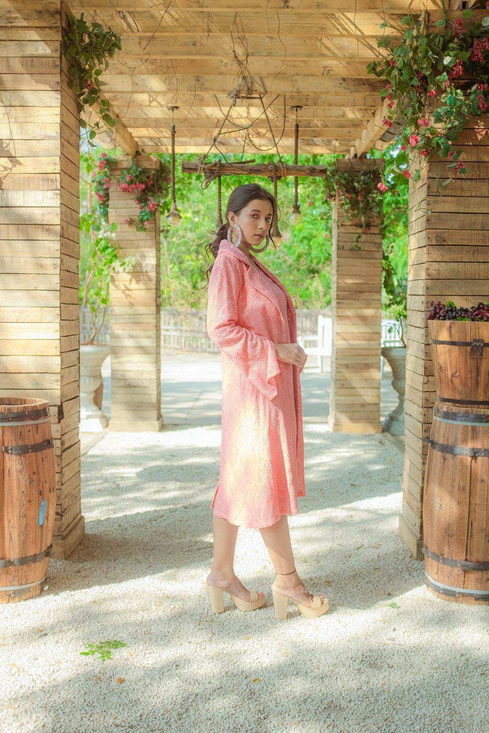 Heer Dress & Chikankari Jacket - Peachy Melon - Monk & Mei