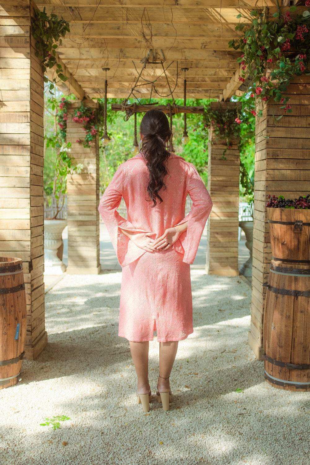 Heer Dress & Chikankari Jacket - Peachy Melon - Monk & Mei