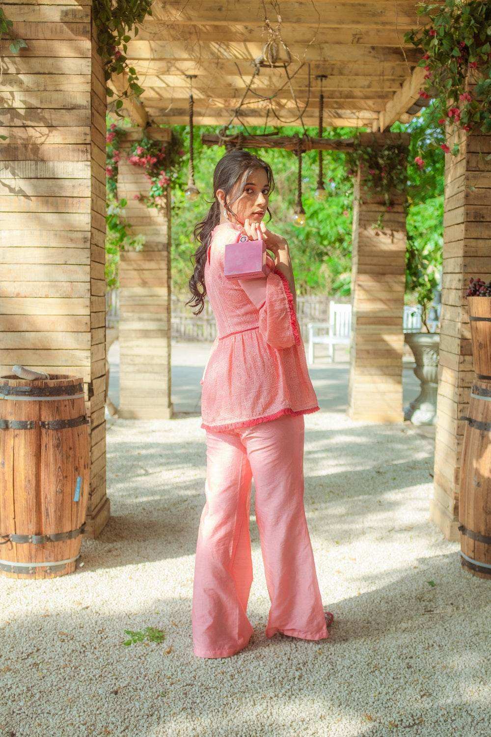 Nazm Flared Chikankari Top & Pants - Peachy Melon - Monk & Mei
