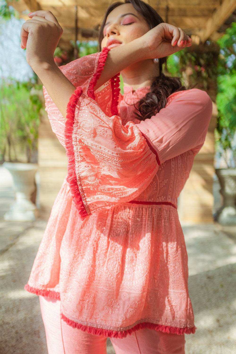 Nazm Flared Chikankari Top & Pants - Peachy Melon - Monk & Mei