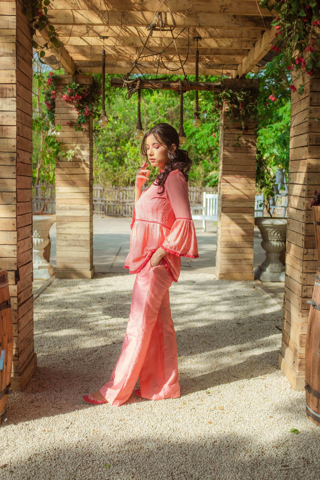 Nazm Flared Chikankari Top & Pants - Peachy Melon - Monk & Mei