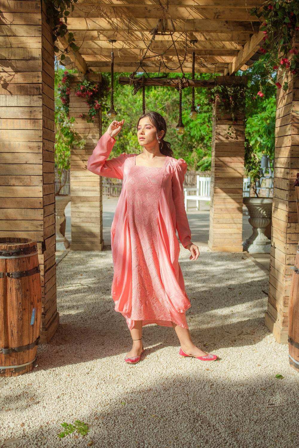 Fatima Chikankari Cowl Dress - Peachy Melon - Monk & Mei