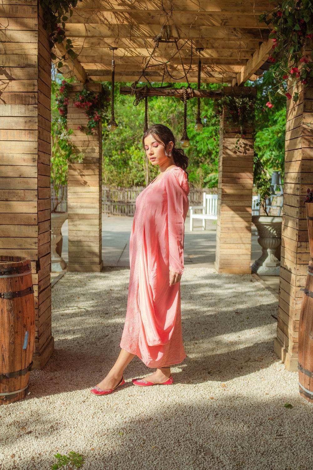 Fatima Chikankari Cowl Dress - Peachy Melon - Monk & Mei