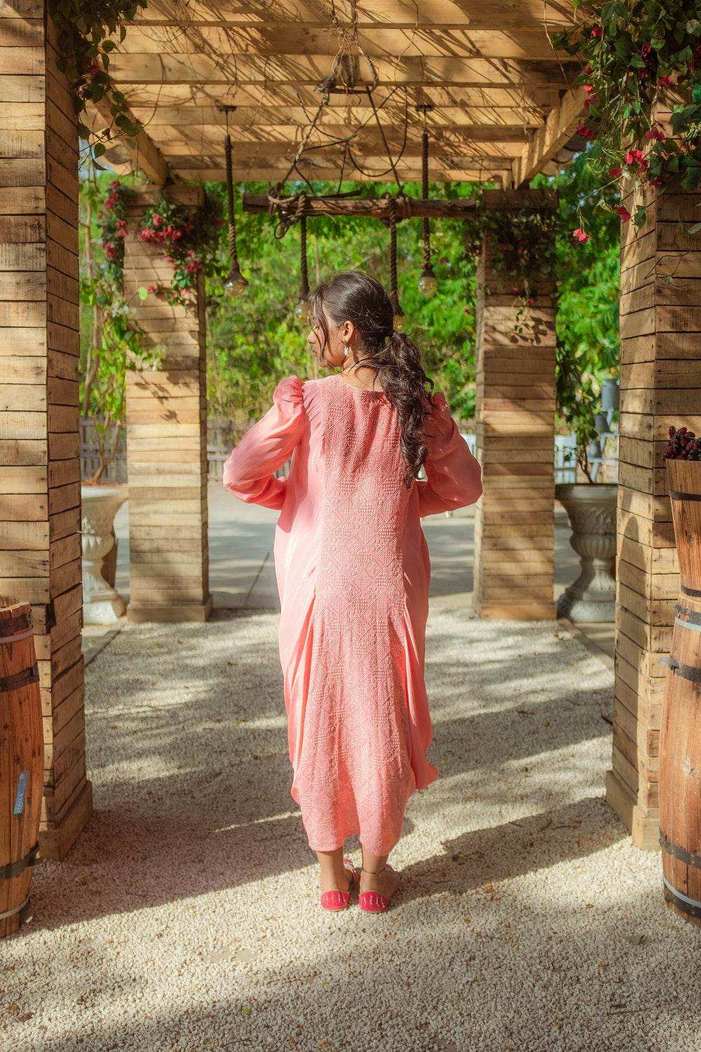 Fatima Chikankari Cowl Dress - Peachy Melon - Monk & Mei