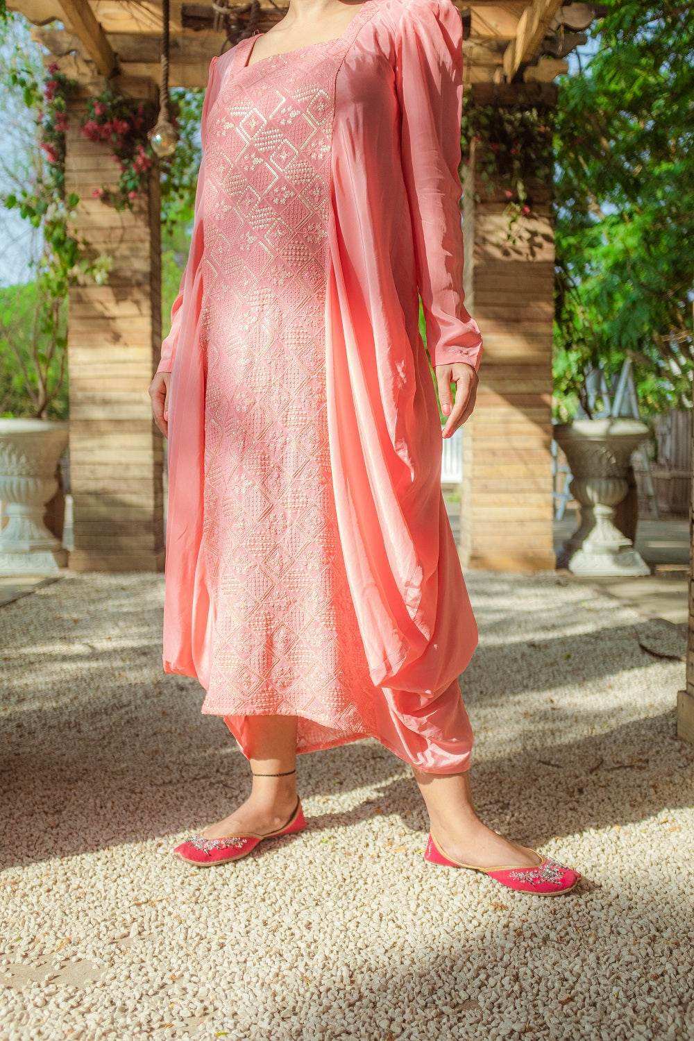 Fatima Chikankari Cowl Dress - Peachy Melon - Monk & Mei