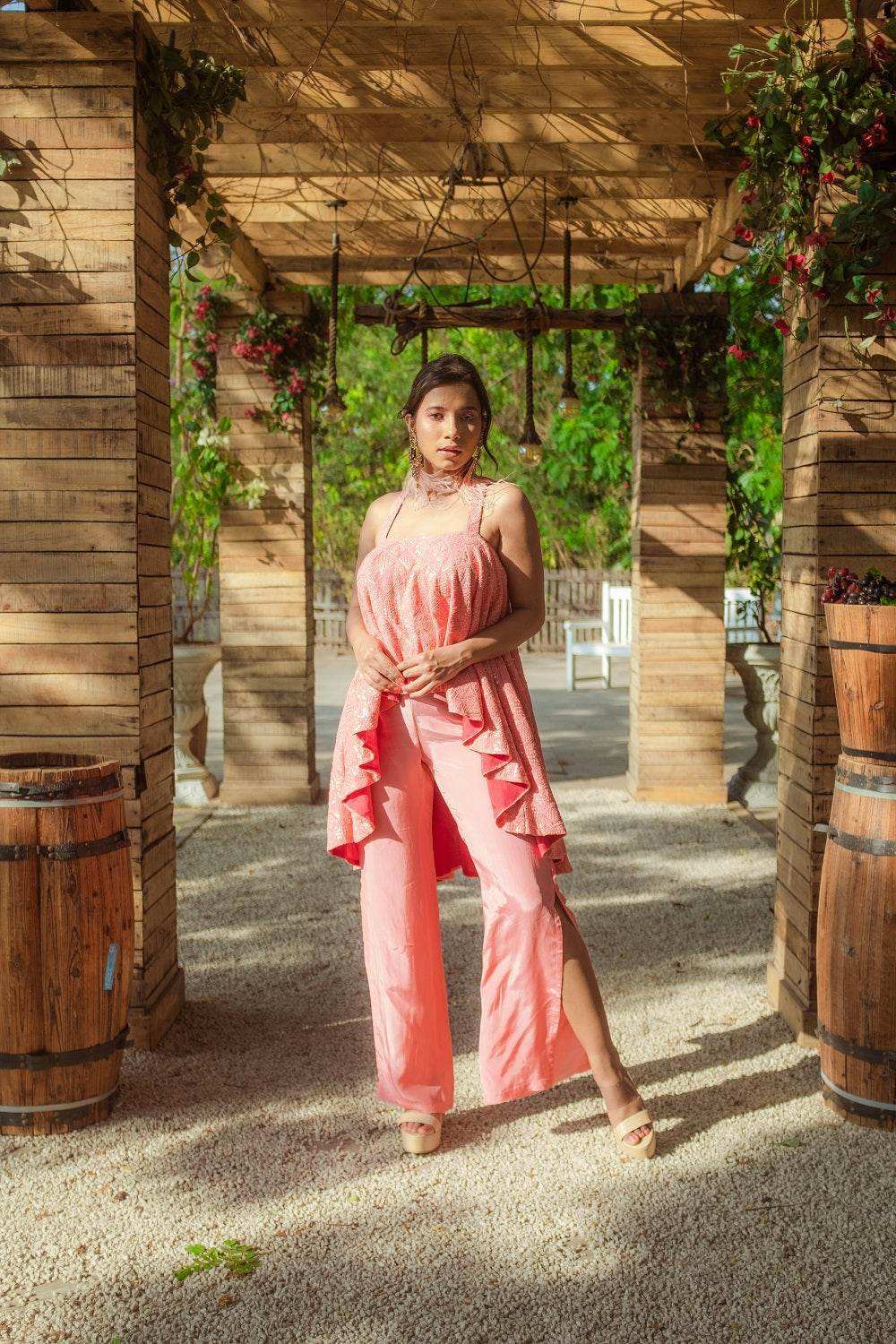 Asin Chikankari High Low Top & Slit Pants - Peachy Melon - Monk & Mei