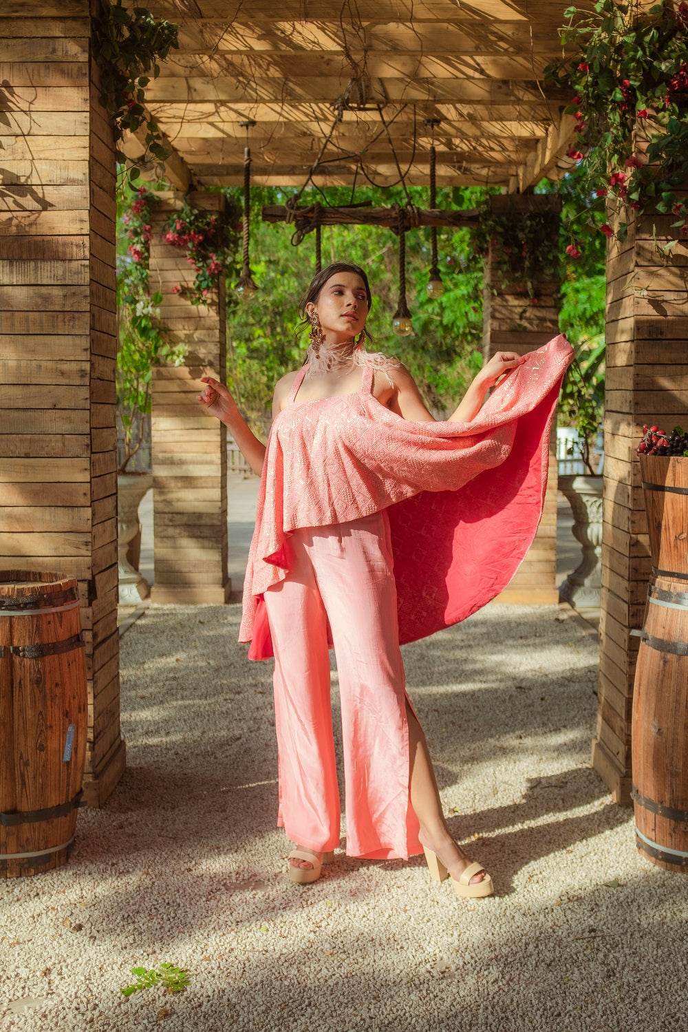 Asin Chikankari High Low Top & Slit Pants - Peachy Melon - Monk & Mei
