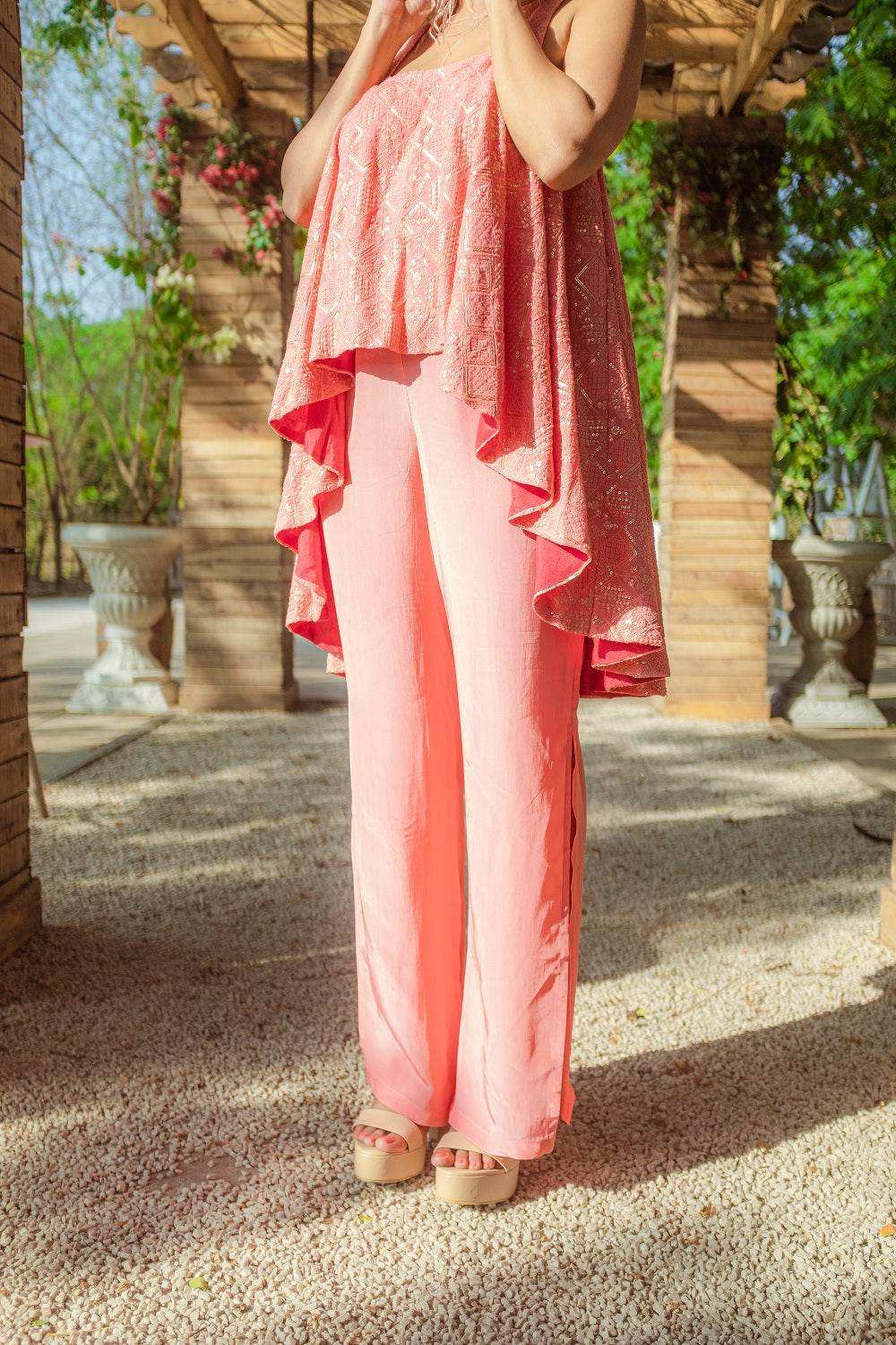 Asin Chikankari High Low Top & Slit Pants - Peachy Melon - Monk & Mei